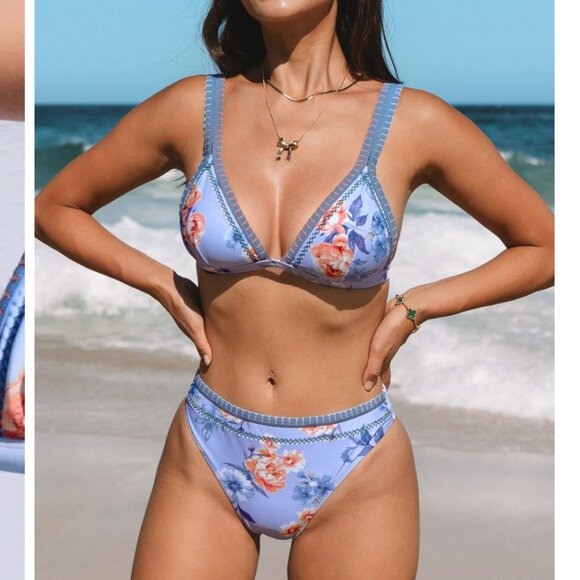 CUPSHE Blue Rose Triangle Bikini Top & Standard Bottoms Set Size Medium - Picture 1 of 12